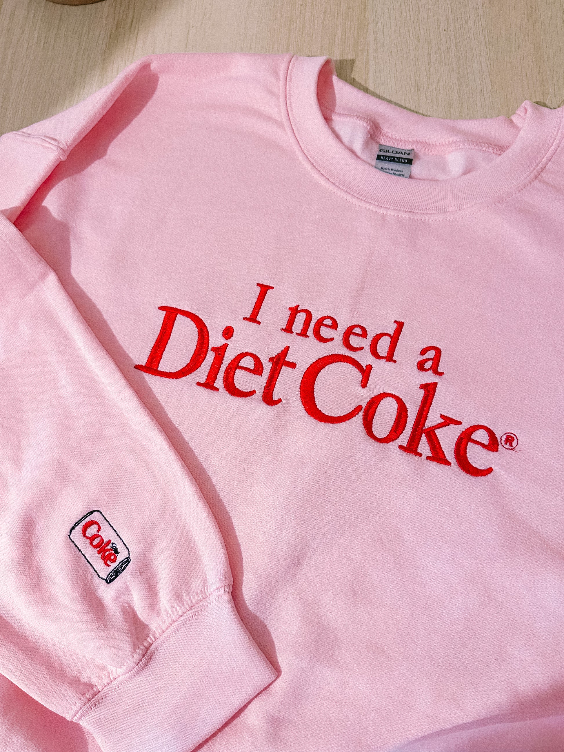I Need A Diet Coke embroidered crewneck sweatshirt with sleeve detail - Tired Girl Apparel