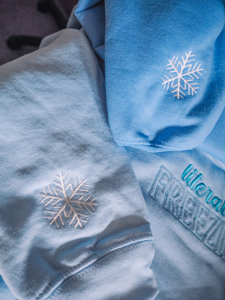 Literally Freezing embroidered hooded sweatshirt with snowflake sleeve detail - Tired Girl Apparel