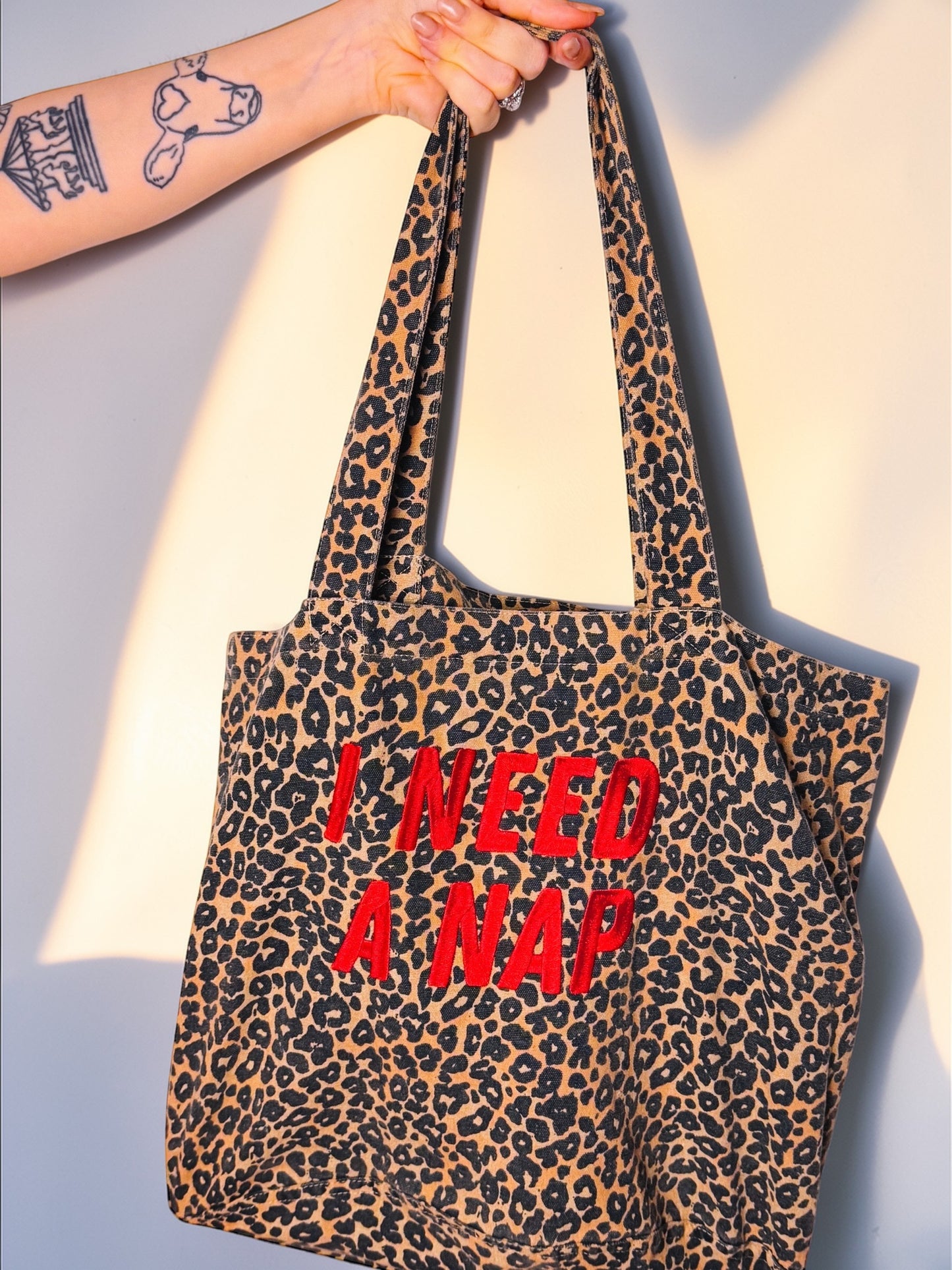 I Need A Nap leopard print tote bag - Tired Girl Apparel
