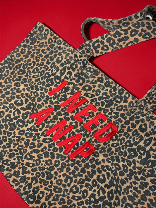 I Need A Nap leopard print tote bag - Tired Girl Apparel