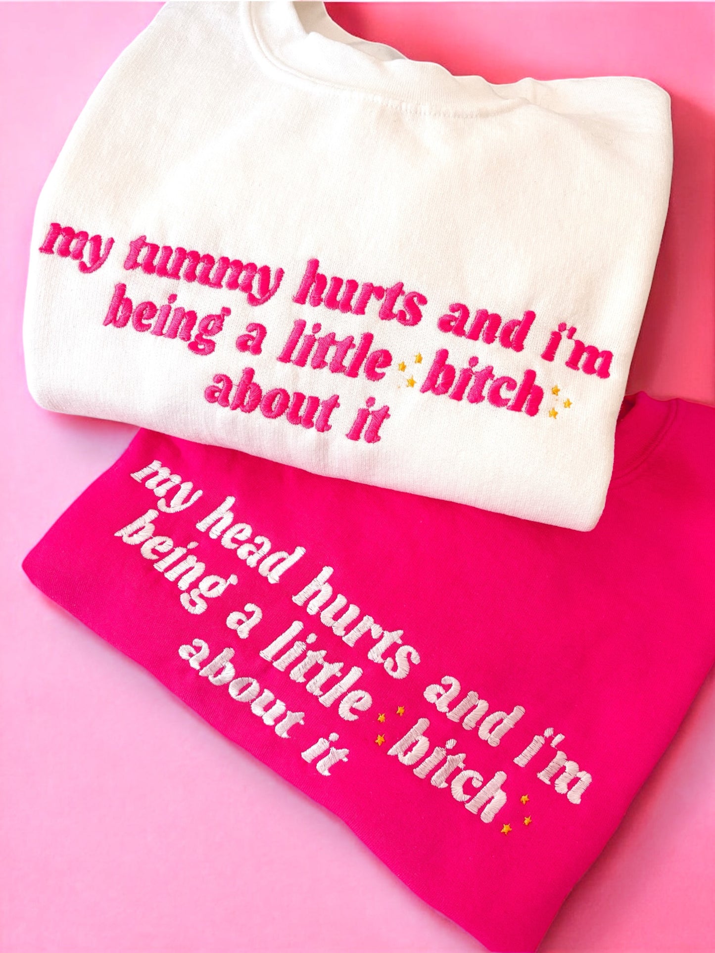 My Head Hurts And I’m Being A Little B About It embroidered crewneck sweatshirt - Tired Girl Apparel