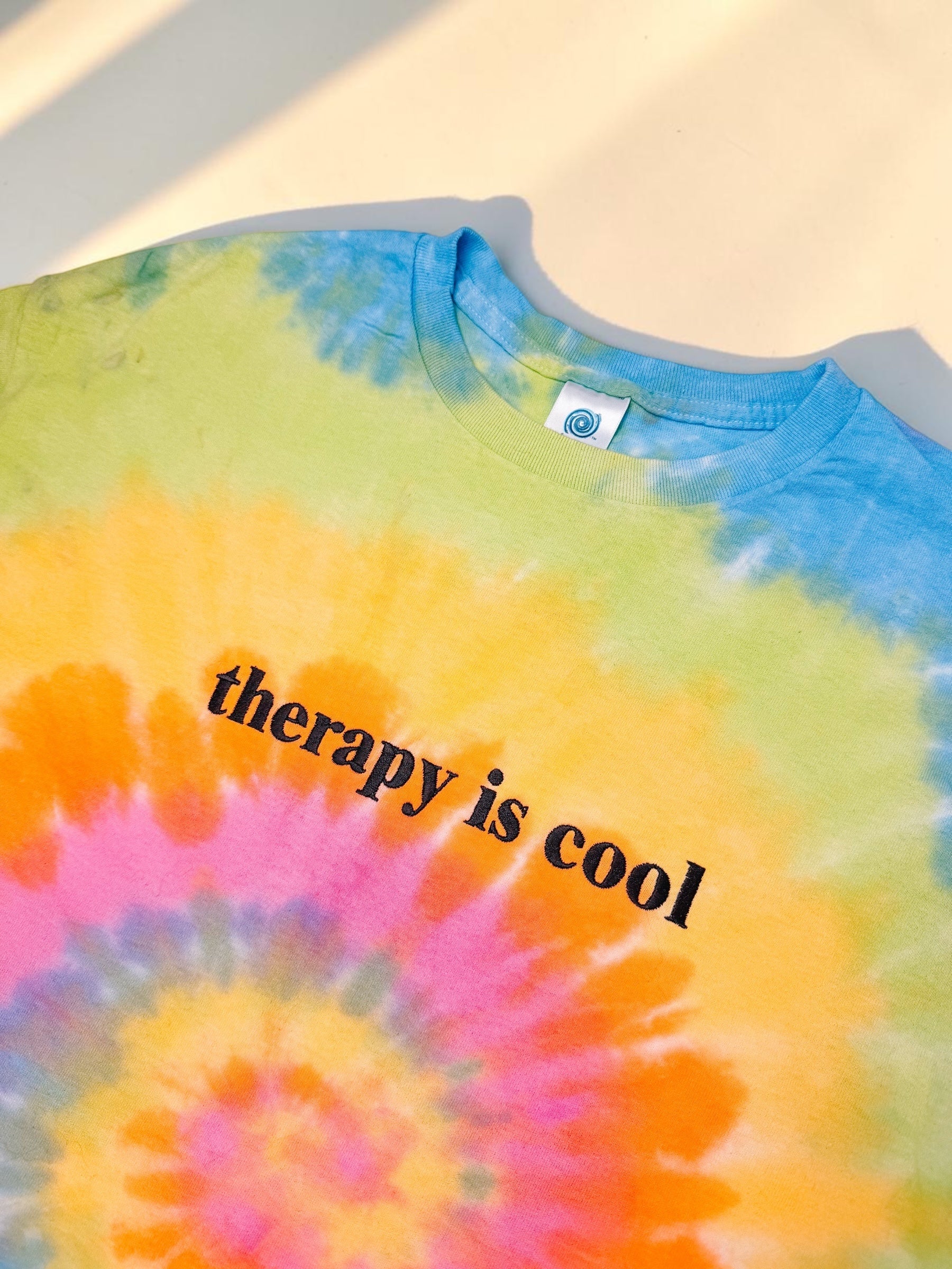 Therapy Is Cool embroidered tie dye t-shirt - Tired Girl Apparel