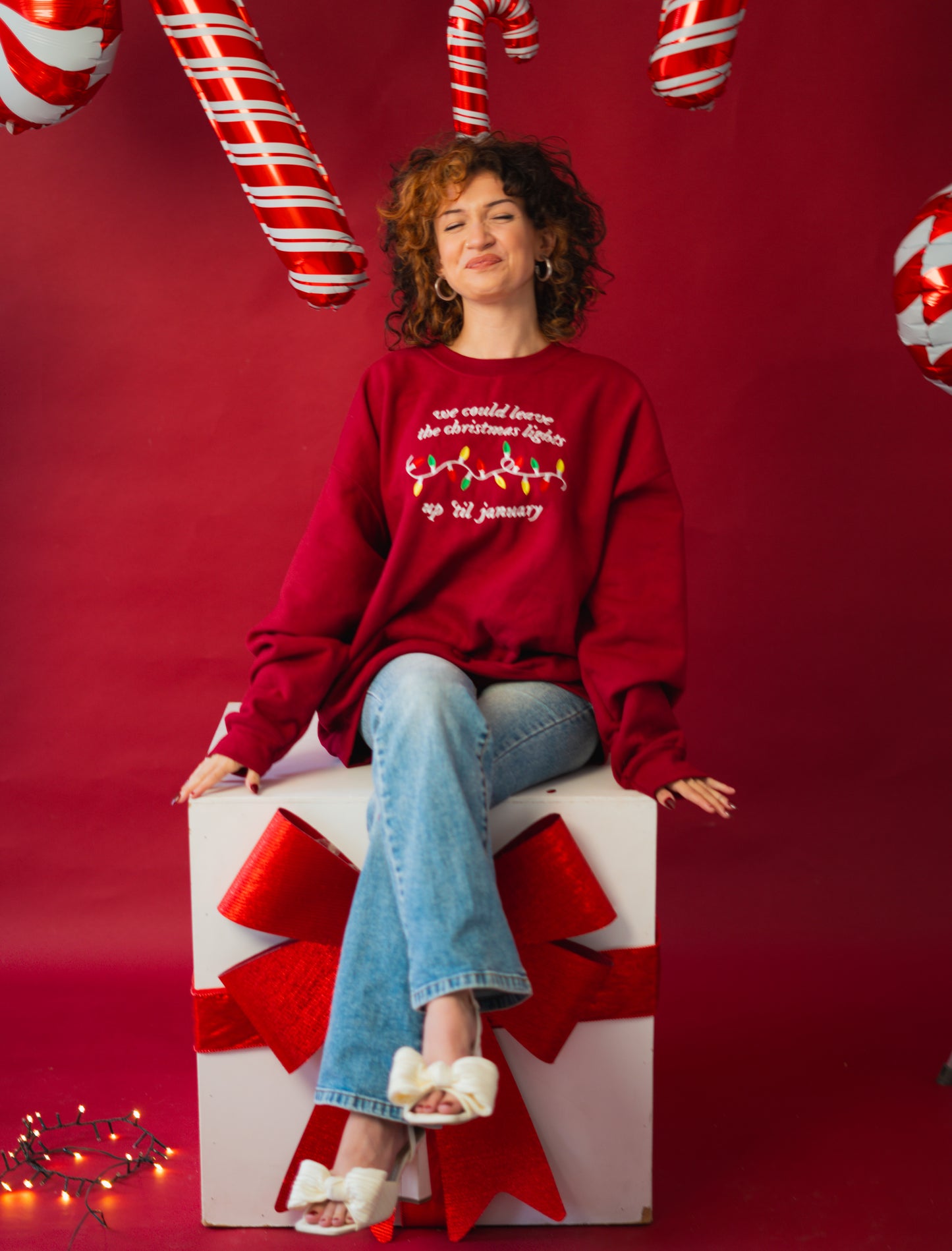 We Could Leave The Christmas Lights Up Til January embroidered crewneck