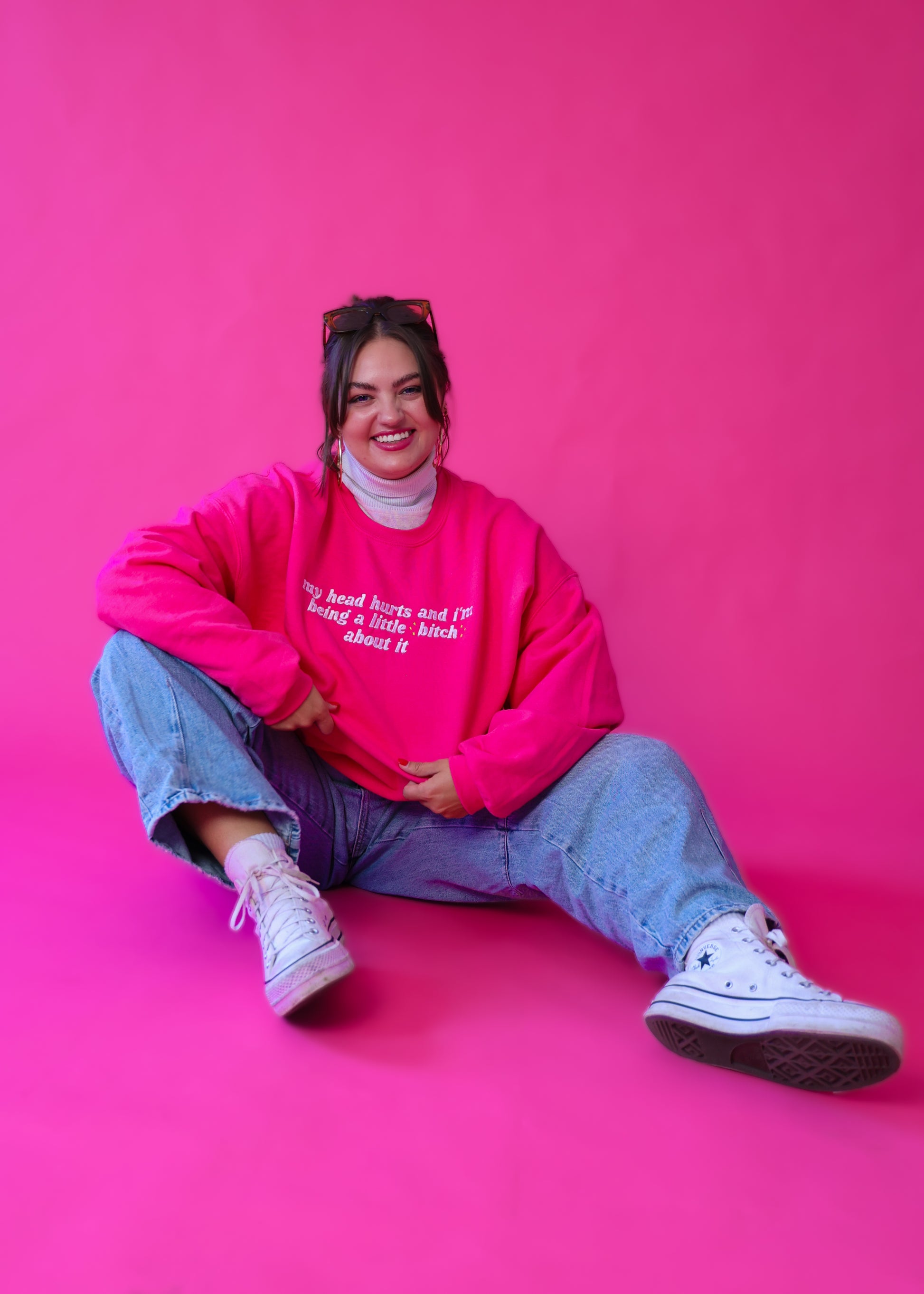 My Head Hurts And I’m Being A Little B About It embroidered crewneck sweatshirt - Tired Girl Apparel