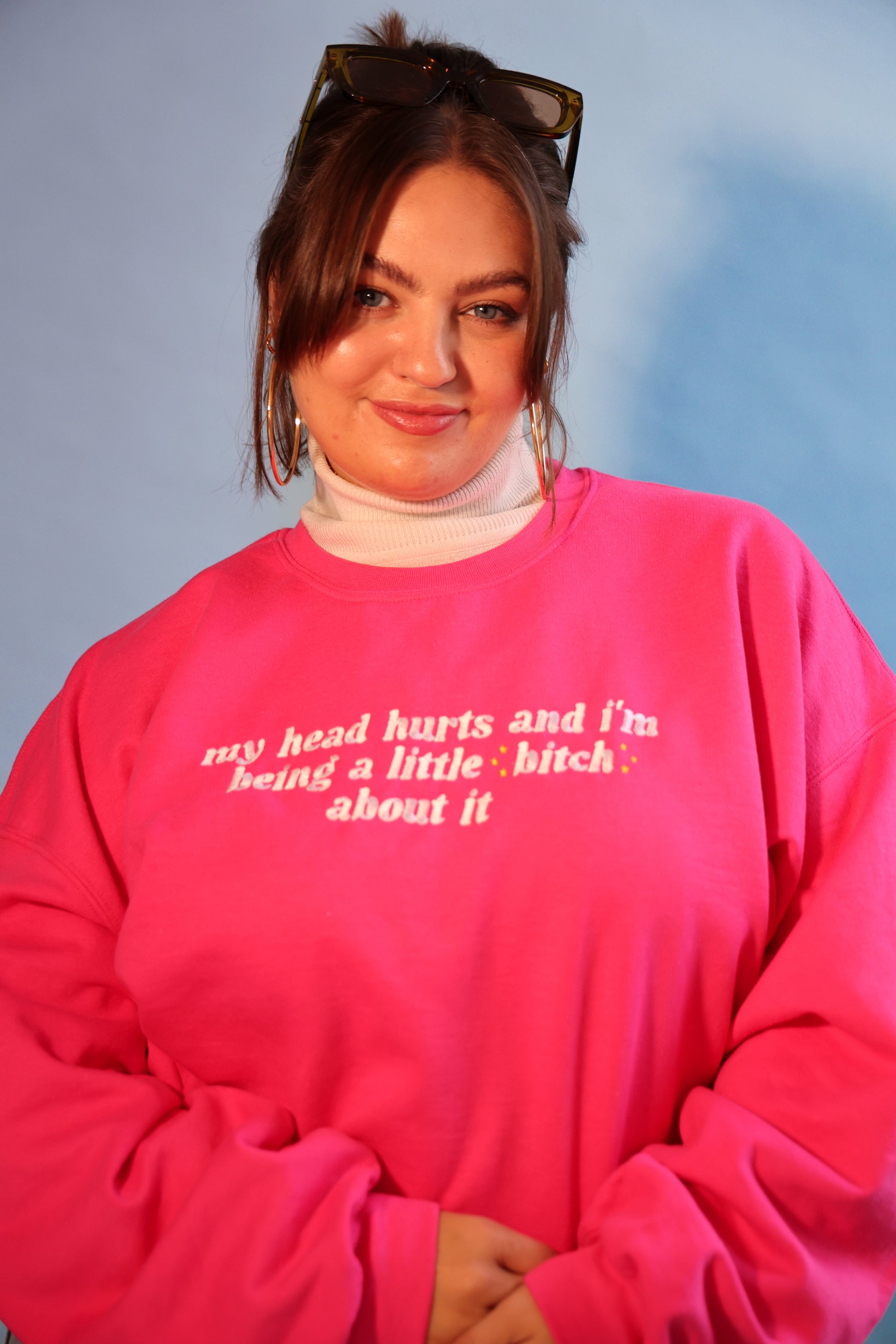 My Head Hurts And I’m Being A Little B About It embroidered crewneck sweatshirt - Tired Girl Apparel