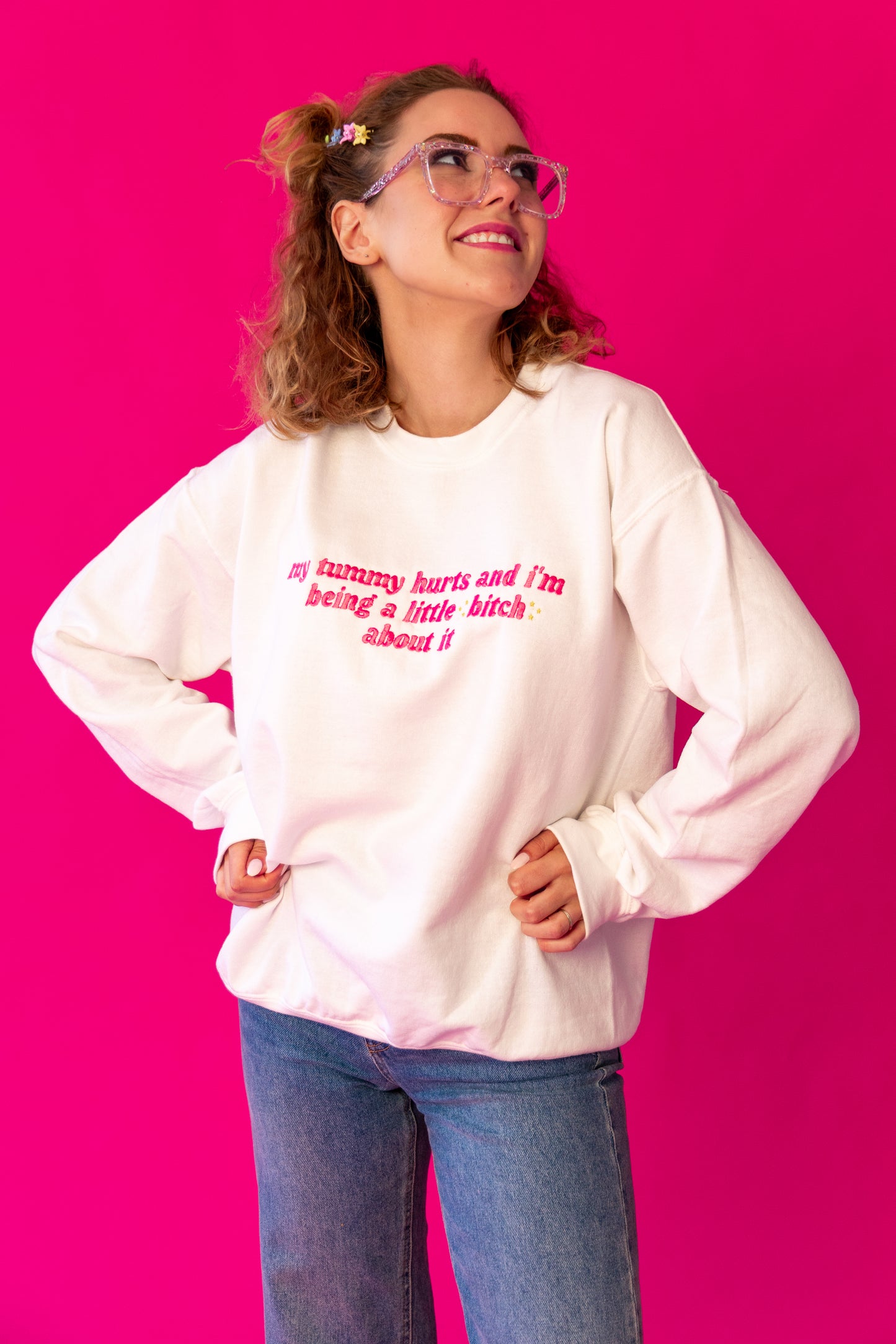 My Tummy Hurts And I’m Being A Little B About It embroidered crewneck sweatshirt - Tired Girl Apparel
