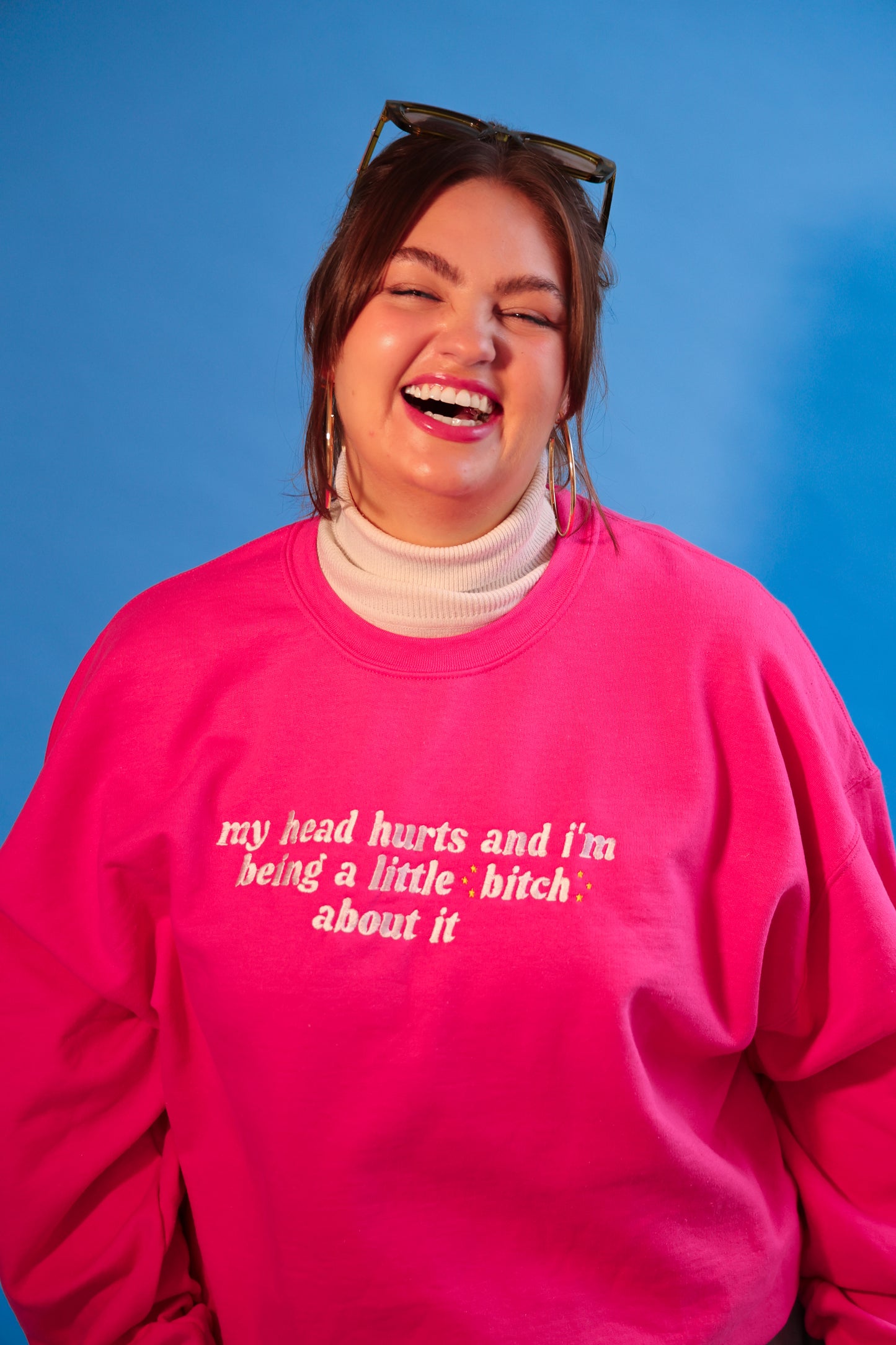 My Head Hurts And I’m Being A Little B About It embroidered crewneck sweatshirt - Tired Girl Apparel