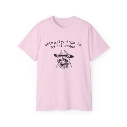 A pink t-shirt with a raccoon printed on it