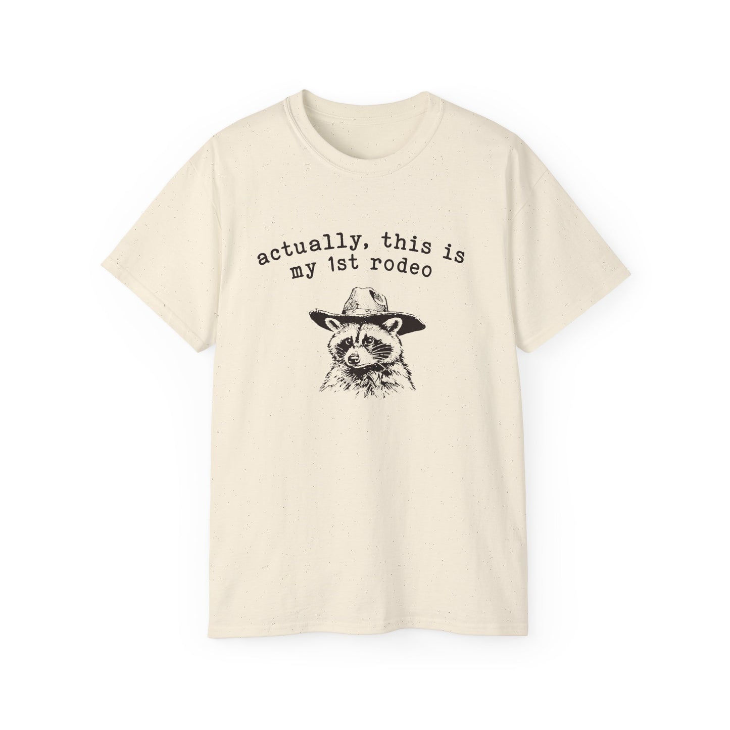 A natural t-shirt with a raccoon printed on it