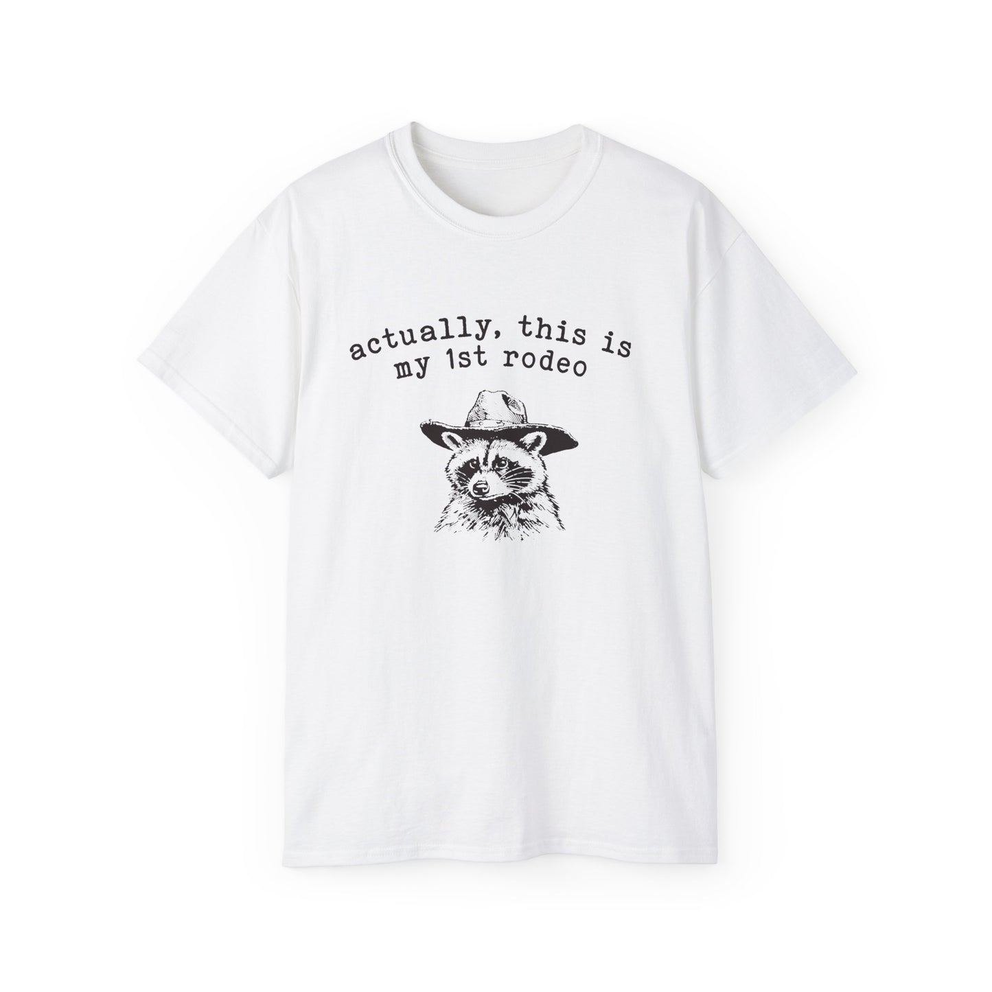A white t-shirt with a raccoon printed on it