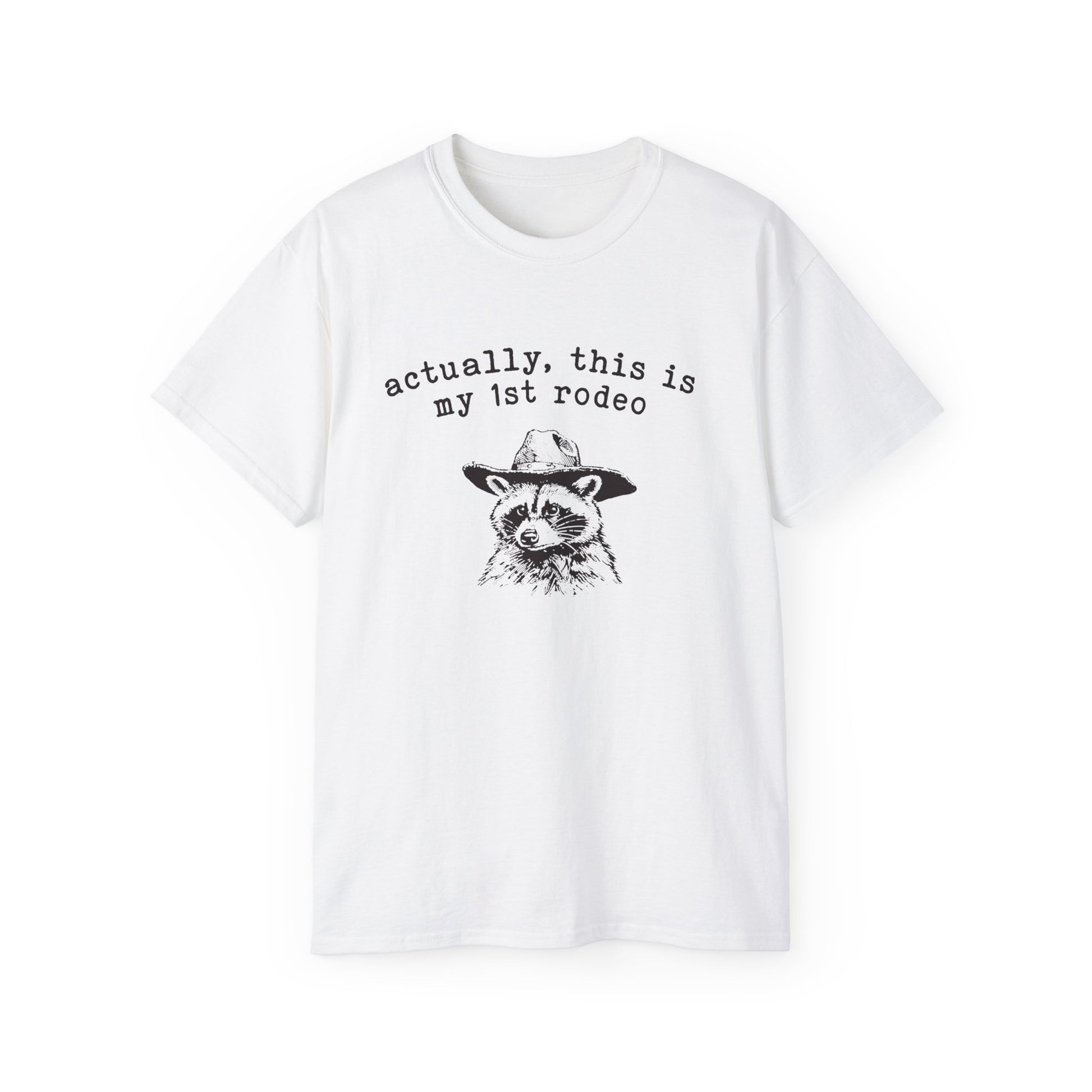 A white t-shirt with a raccoon printed on it