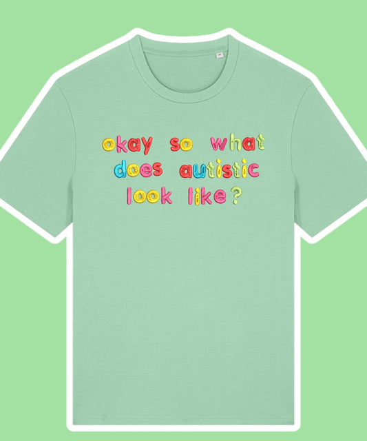 Okay So What Does Autistic Look Like? embroidered t-shirt - Tired Girl Apparel