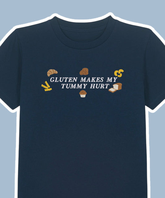 Gluten Hurts My Tummy embroidered t-shirt - Tired Girl Apparel