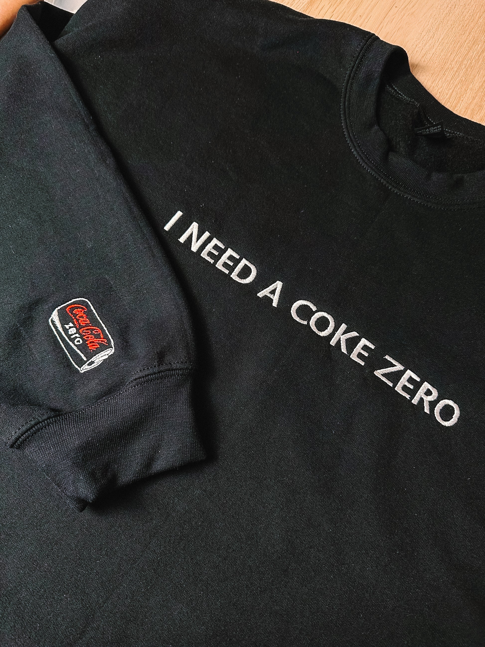 I Need A Coke Zero embroidered crewneck sweatshirt with sleeve detail - Tired Girl Apparel