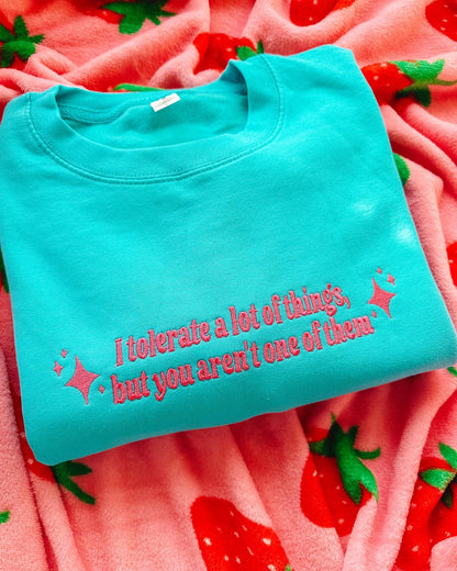 I Tolerate A Lot Of Things, But You Aren't One Of Them embroidered crewneck sweatshirt - Tired Girl Apparel