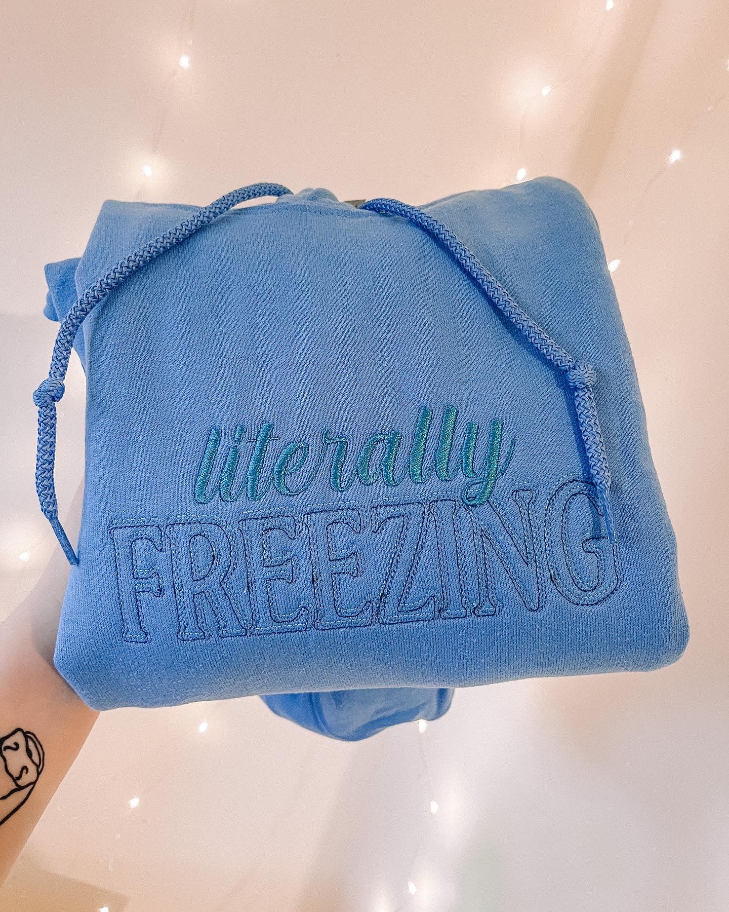 Literally Freezing embroidered hooded sweatshirt with snowflake sleeve detail - Tired Girl Apparel